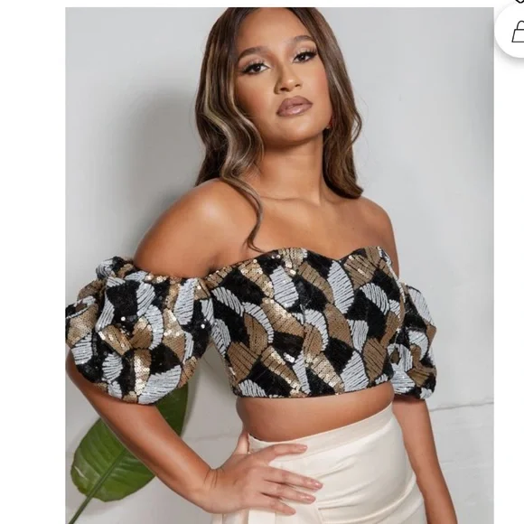 ASOS Virgos Lounge Bardot Sequin Top Gold Black Sold Out NWT UK 10 - Picture 1 of 15